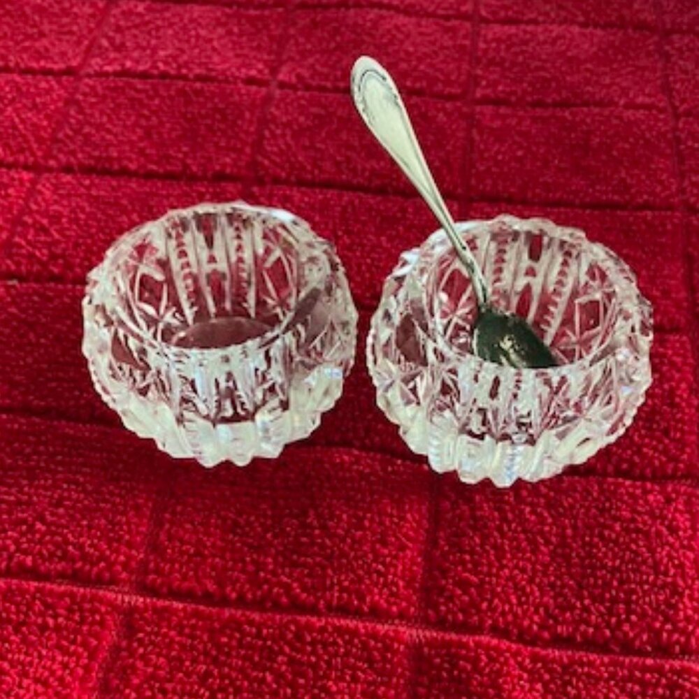 Vintage * 2 heavily cut LEAD CRYSTAL Art Deco SALT CELLARS ~ 1 tiny SILVER SPOON